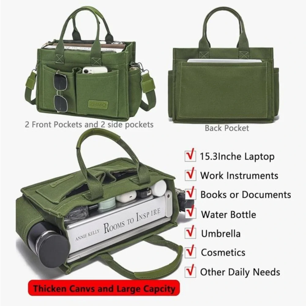 Canvas Tote Bag for Women Crossbody Work Bag Army Green - Picture 2 of 11